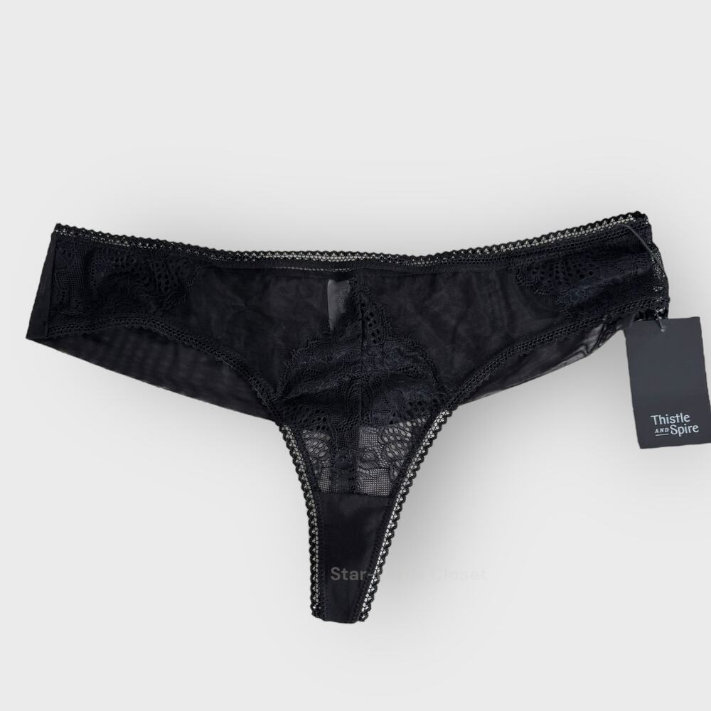Thistle & Spire XL Black Eyelash Lace Mirage Thong Sheer Mesh Lingerie Gothic